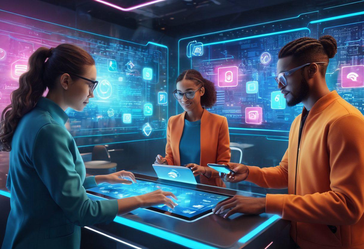 A futuristic digital landscape showcasing a diverse group of people engaging with advanced payment solutions on their devices, surrounded by glowing digital interfaces and secure transaction symbols. Incorporate elements of speed and security, with a bright, optimistic atmosphere and technology-inspired designs. super-realistic. vibrant colors. 3D.