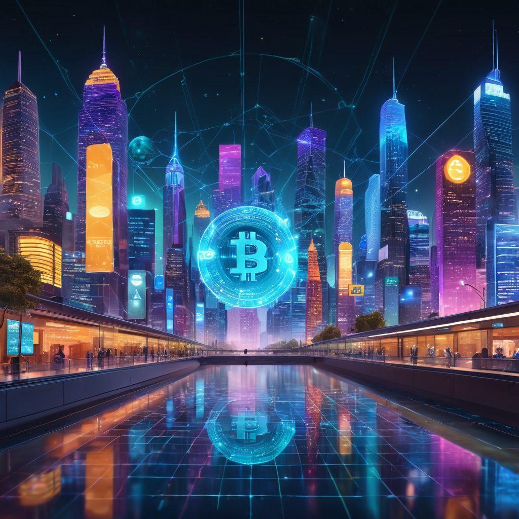 A futuristic digital landscape showcasing a seamless blend of e-commerce and cryptocurrency elements. Visualize a vibrant city skyline with holographic payment systems, digital wallets, and coins floating in the air, symbolizing advanced technology. Include symbols of security like a digital lock integrated into the cityscape, with a glowing network of connections in the background. super-realistic. vibrant colors. dynamic composition.